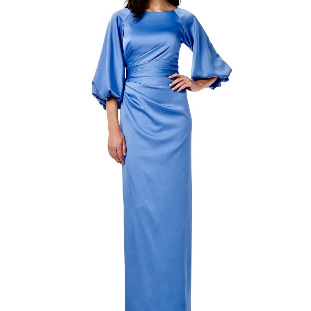 THEIA Hydrangea Blue Boatneck Satin Gown Dress Full Sleeve Draped Glam MSRP $995